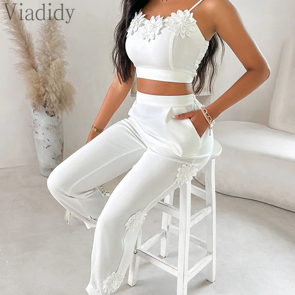 Женский Повседневный однотонный топ на бретельках с цветочным принтом и брюки