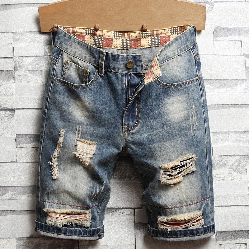 

Jean Shorts For Men Ripped Short Jeans Denim Vintage Oversized Knee Length Patchwork Scatched Straight Denim Shorts For Men