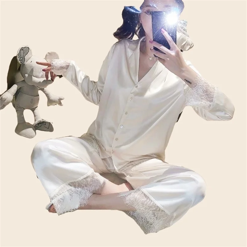 Women's Sexy Lace Pajamas Set Full Sleeve T-shirt Long Pants 2Piece/Set Cozy Silk Pyjama Mom Homewear Plus Size Rayon PJS