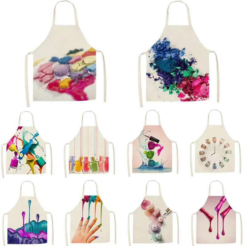 

Linen Colorful Nail Polish Cosmetics Theme Print Kitchen Aprons Unisex Dinner Party Cooking Bib Funny Pinafore Cleaning Apron