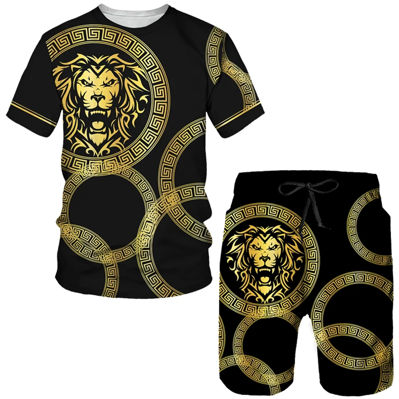 Summer Men Short Sleeve T-shirts Casual Retro Tracksuit  Lion 3D Printed Oversized  Streetwear Suit Fashion  Shorts 2 Piece Set