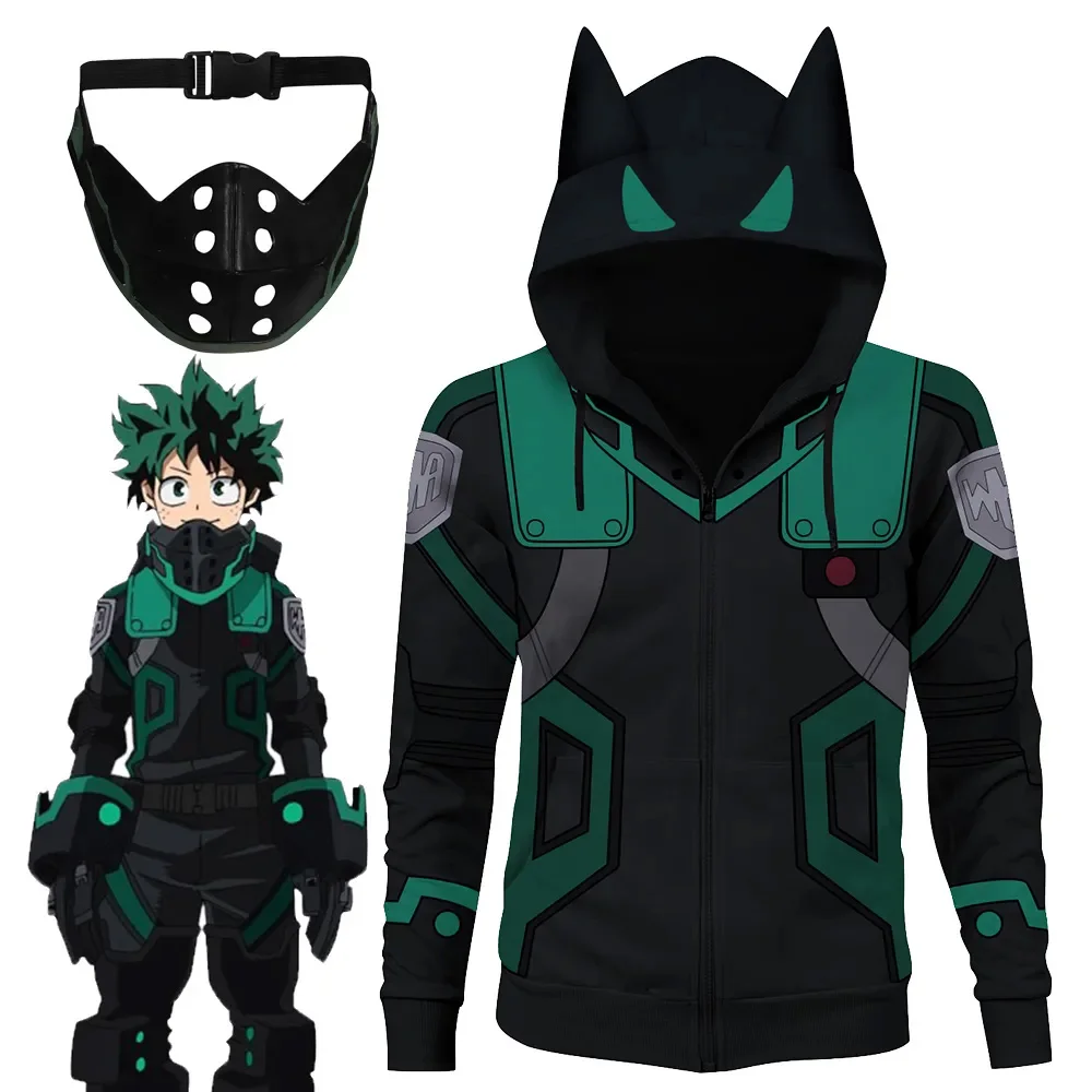 Anime My Hero Academia Midoriya Izuku Cosplay Costume Mask Men Hoodie Jacket Roleplay Fantasia Halloween Carnival Clothes Suit