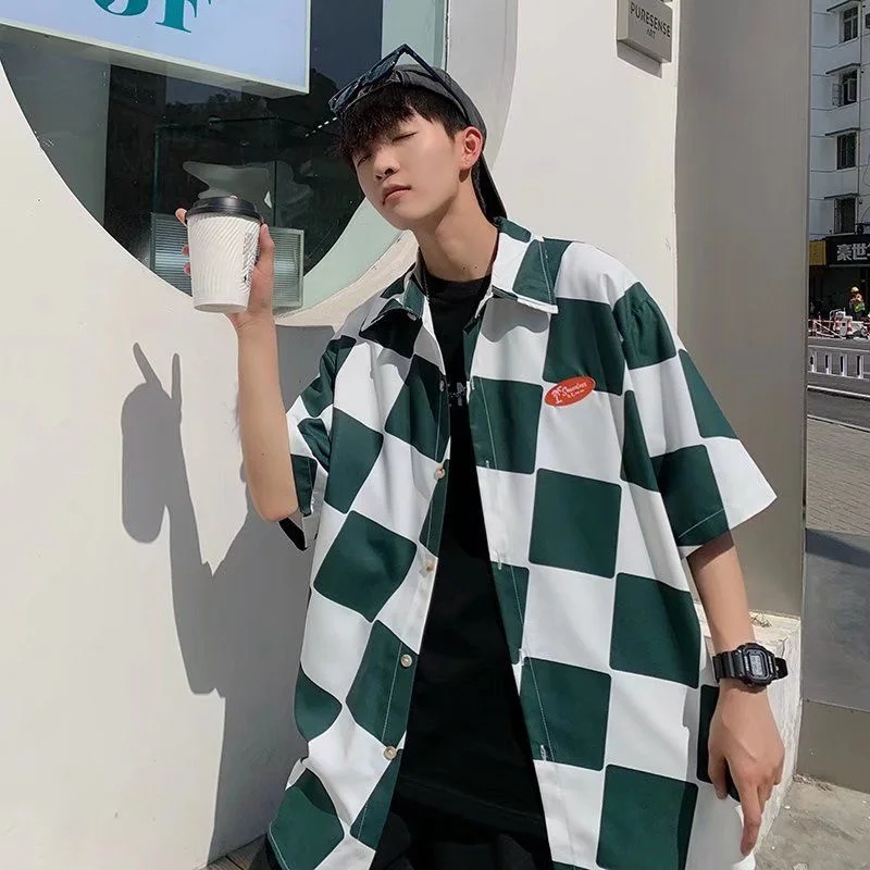 

Contrast Color Plaid Half-sleeve Shirts Summer Trend Street Top Casual All-match Short Coat Outfits Loose Retro Men's Clothing