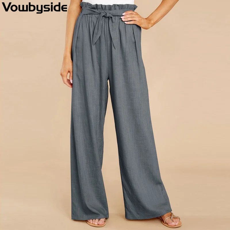 

Summer Women's Casual Pants Solid Color Elastic Waist Ankle Length Wide Leg Pants