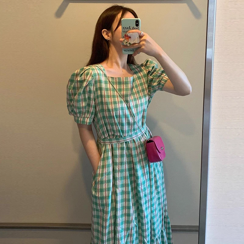 

Clothland Women Sweet Green Plaid Dress Checkered Short Sleeve Back Sashes A Line Summer Cute Midi Dresses Vestido Mujer QC711