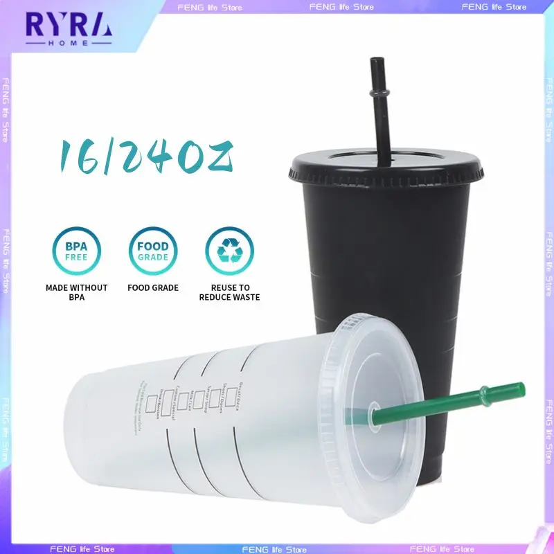 

Black White Straw Cup With Lid Coffee Mug Plastic Cold Drinks Travel Tumbler Reusable Cups Matte Finish Couple Mugs 473/710ml