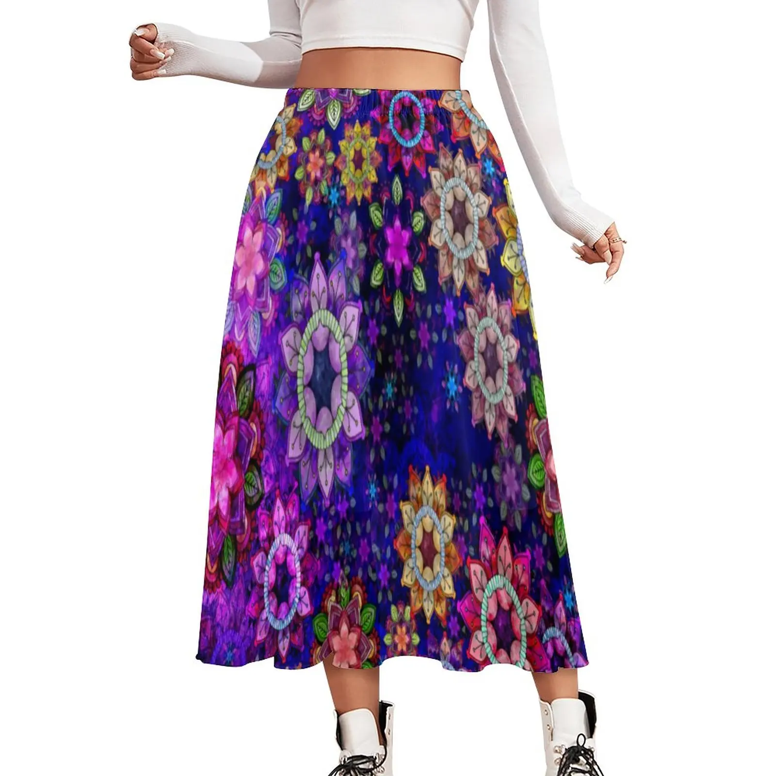

Vibrant Hippie Print Skirt Lady Watercolor Mandalas Vintage Long Skirts Graphic Elastic Waist Street Style Casual Skirt Big Size