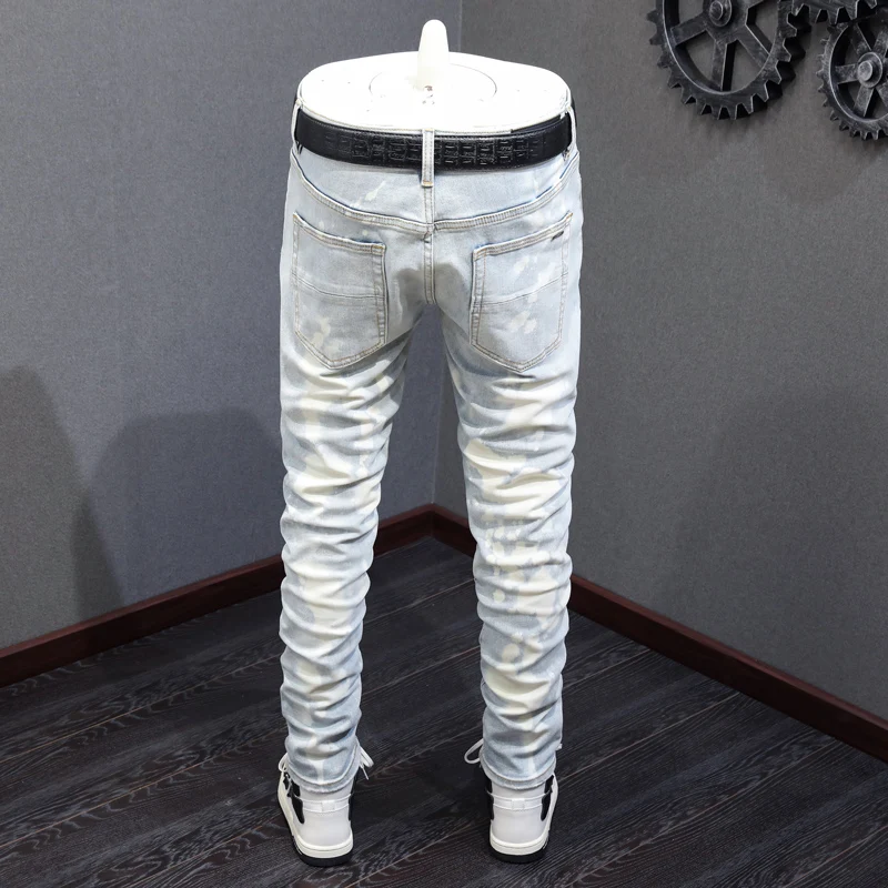 High Street Fashion Men Jeans Retro Light Blue Painted Elastic Skinny Ripped Jeans Men Bead Patched Designer Hip Hop Brand Pants