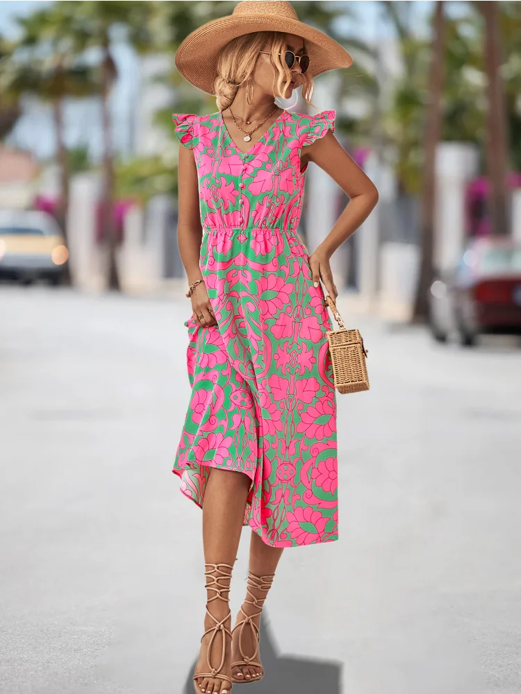 

Fashion Dresses for Women New Summer Leisure Women's Clothing V-neck Printed Sleeveless Ruffle Maxi Dress Women's Party Dresses