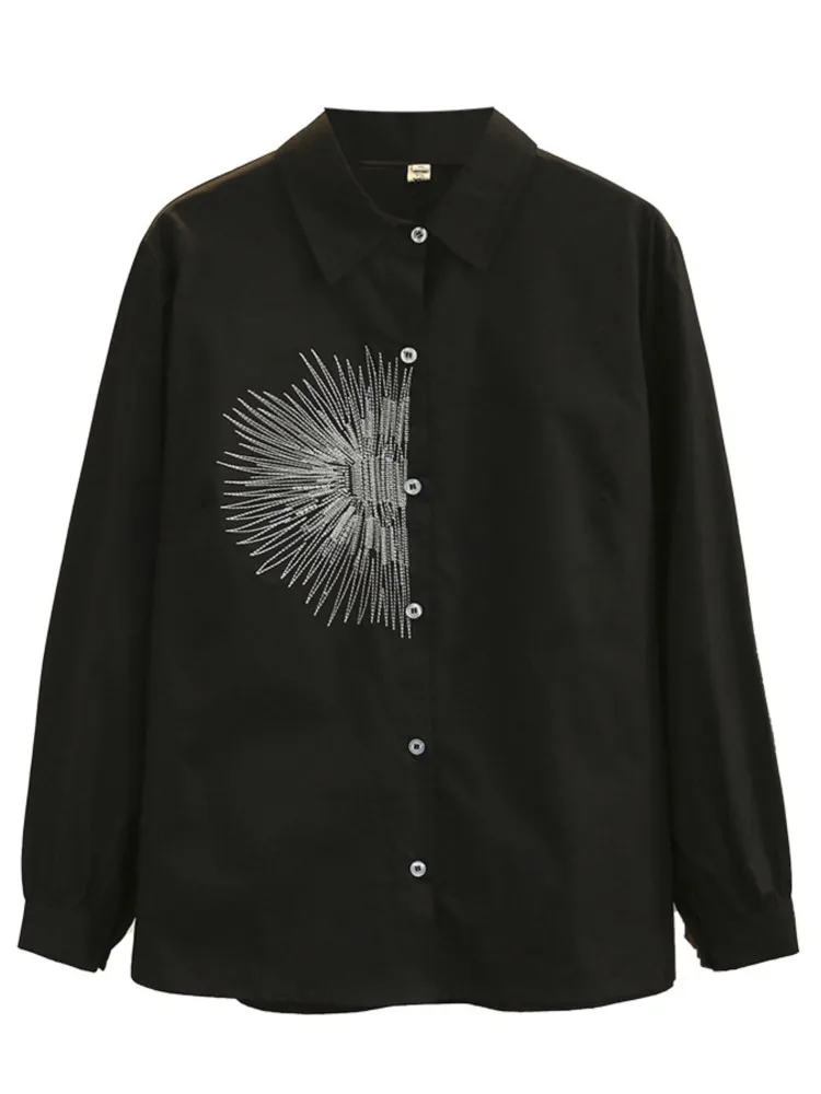 

Plus Size Shirt Women's Clothing 2022 Spring Fashion Ice Silk Cotton With Long Sleeves Silver Sunflower Embroidery Tops