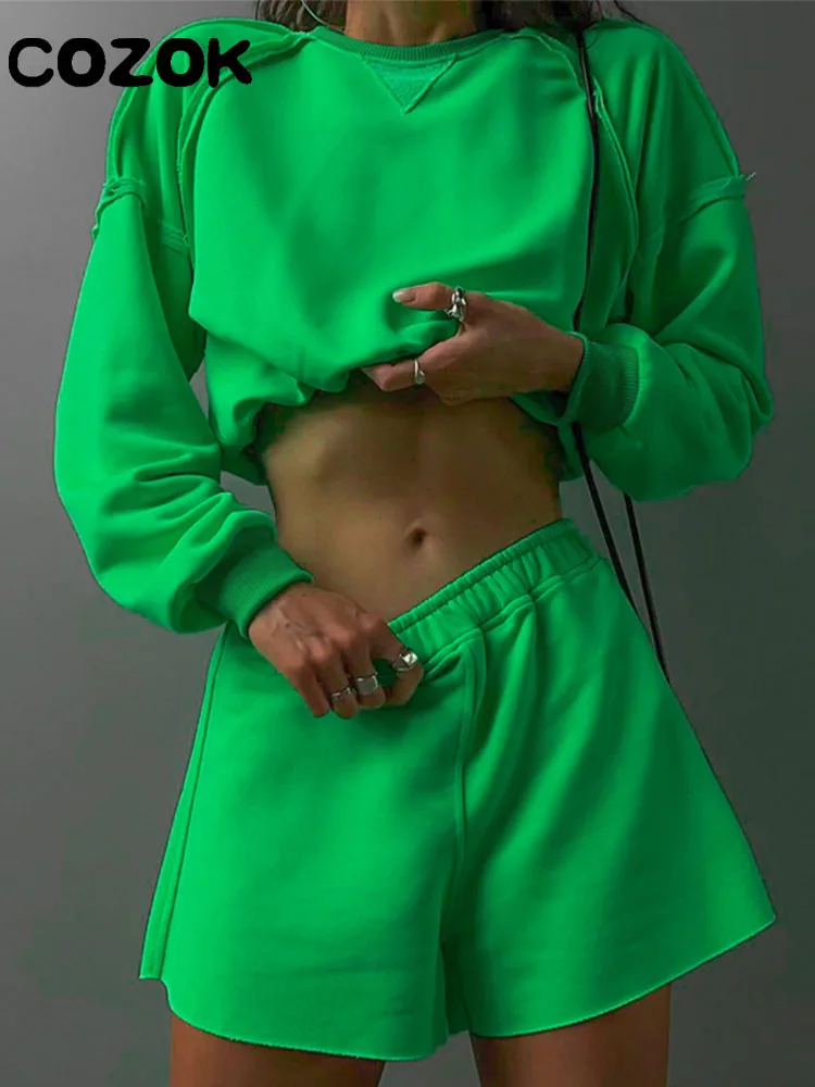 

2022 Autumn Shorts Two Piece Set For Women Bright Line Long Sleeve Solid Top Shirts+Shorts 2 Pcs Sets Casual Tracksuit Outfits