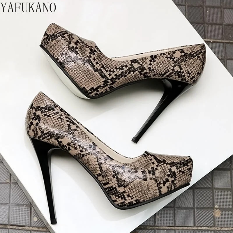 

12cm Sexy Snake Pattern Pointed Toe High Heels Women's Stiletto Waterproof Platform Party Dress Shoes Classic Style Ladies Pumps