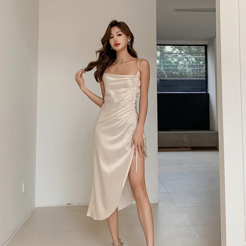 Ice Silk Nightgown Sleep Dress Solid Color Sleeveless Split Drawstring Sleep Dress Women Homewear Lounge Sexy Home Dress