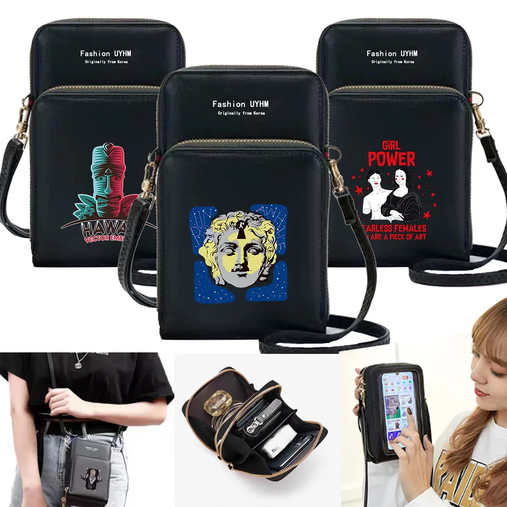 

Touch Screen Phone Bag Shoulder Messenger Bags Card Holders Women Leather Zipper sculpture Print Clutch Purse Crossbody Handbag