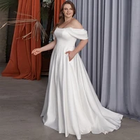 satin wedding dress plus size pockets off the shoulder sexy bridal dress backless beading belt draped a line simple wedding gown