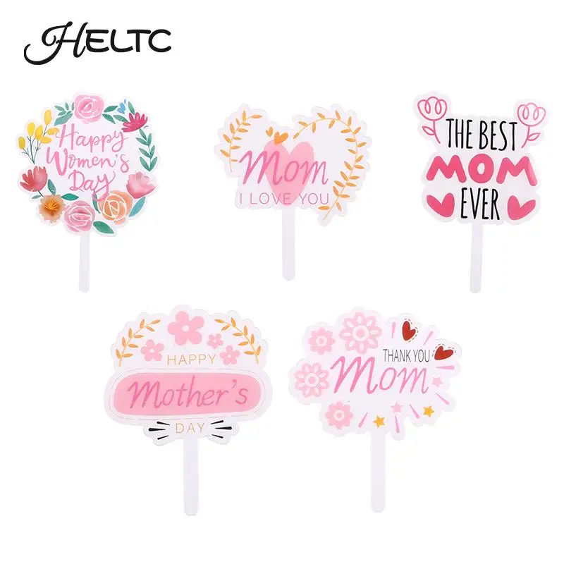 

2022 Cake Topper Pink Heart Flower Decoration Happy Mother`s Day Cake Toppers For Mother`s Day Gift Cupcake Dessert Supplies
