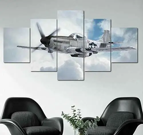 

P51 Mustang истребитель самолёт холст Художественная печать плакат домашний Декор 5 панелей HD Печать Декор помещения картины без рамки