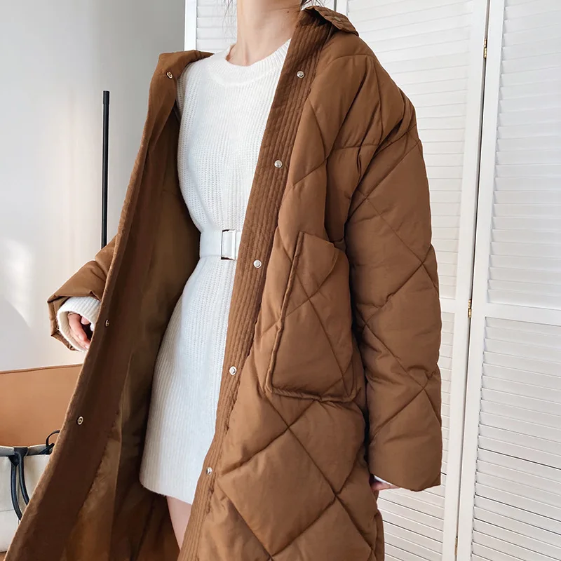 2023 Winter New Korean Style Long Cotton-padded Coat Women's Casual Stand-up Collar Argyle Pattern Oversized Parka Chic Jacket