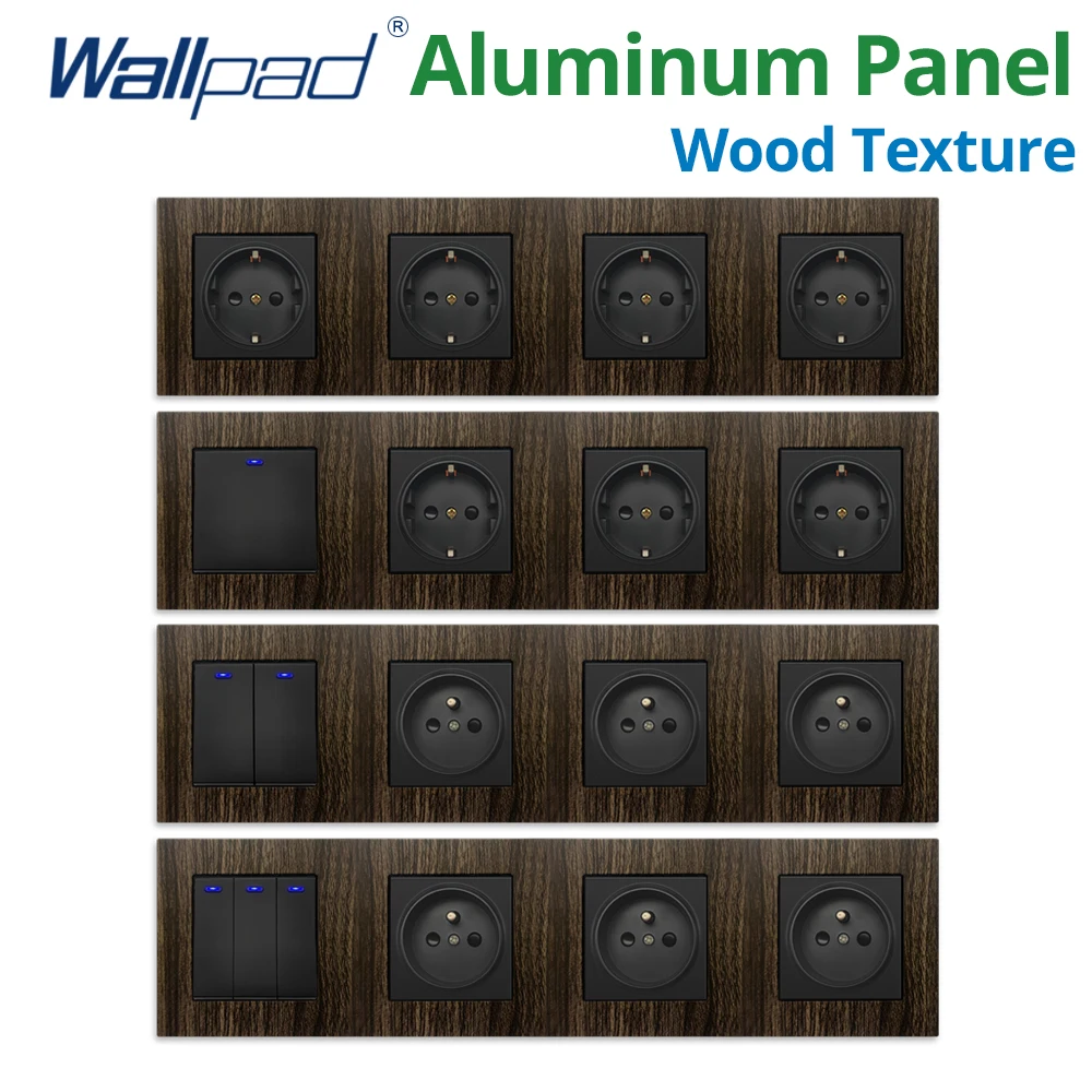 

Wallpad 1 2 3 Gang 2 Way With LED Indicator Aluminum Panel Wood Texture Wall Switches 3 EU Socket 344*86mm AC 110-220V 16A