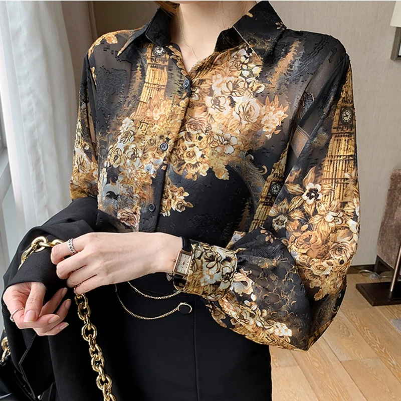

OL Flower Embroidered Shirts Women's Blouse Elegant Spring Summer Long Sleeve Black Ladies Chic Tops Female Party Shirt Clothes