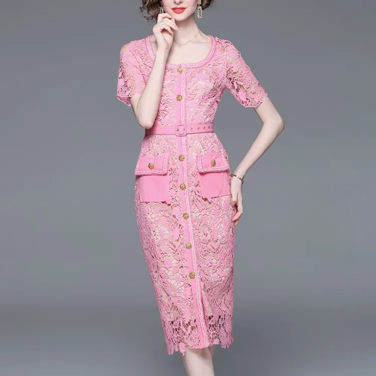 2023 Summer New Women Pink Hollow Out Lace Mid-length Party Dresss Vintage Fashion Short Sleeve Office OL Pencil Dress Female