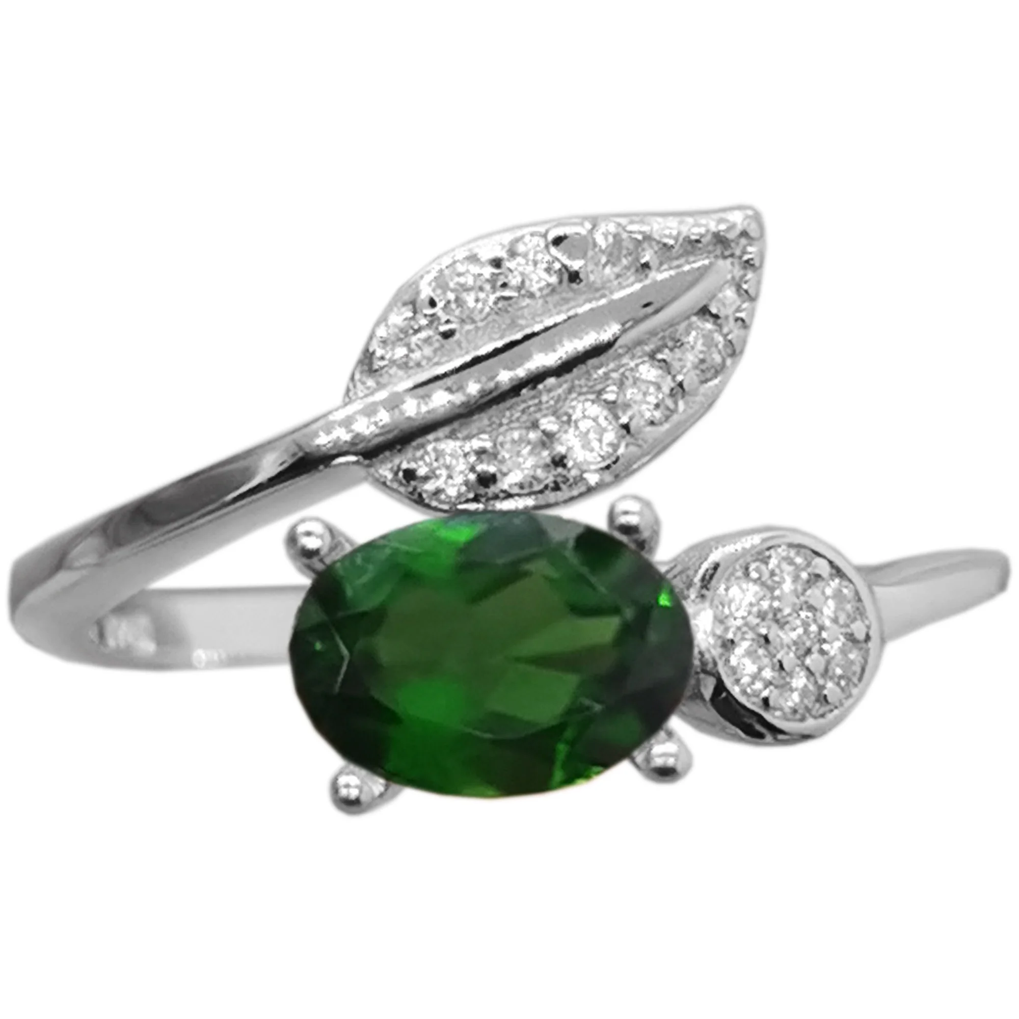 

Fashion Silver Leaf Ring with Gemstone 5mm*7mm Natural Diopside Ring 18K Gold Plating 925 Silver Diopside Jewelry