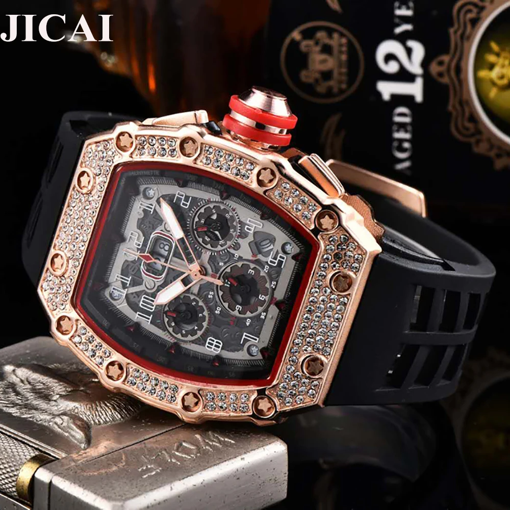 

Новинка, мужские часы Tonneau из розового золота, мужские водонепроницаемые светящиеся черные резиновые бриллиантовые часы из нержавеющей ста...