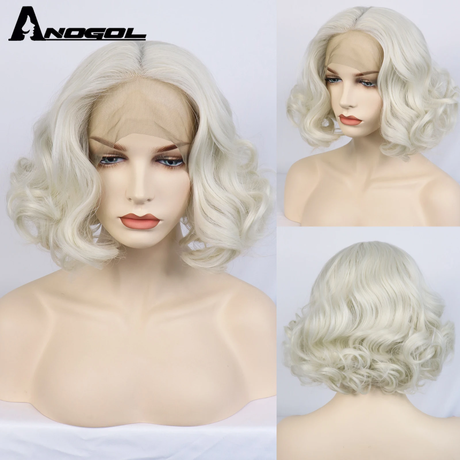 

ANOGOL Synthetic T Part Gluessless Platinum Blonde Wigs Free Parting Short Body Wave Bob Natural Hair Lace Front Wig For Women