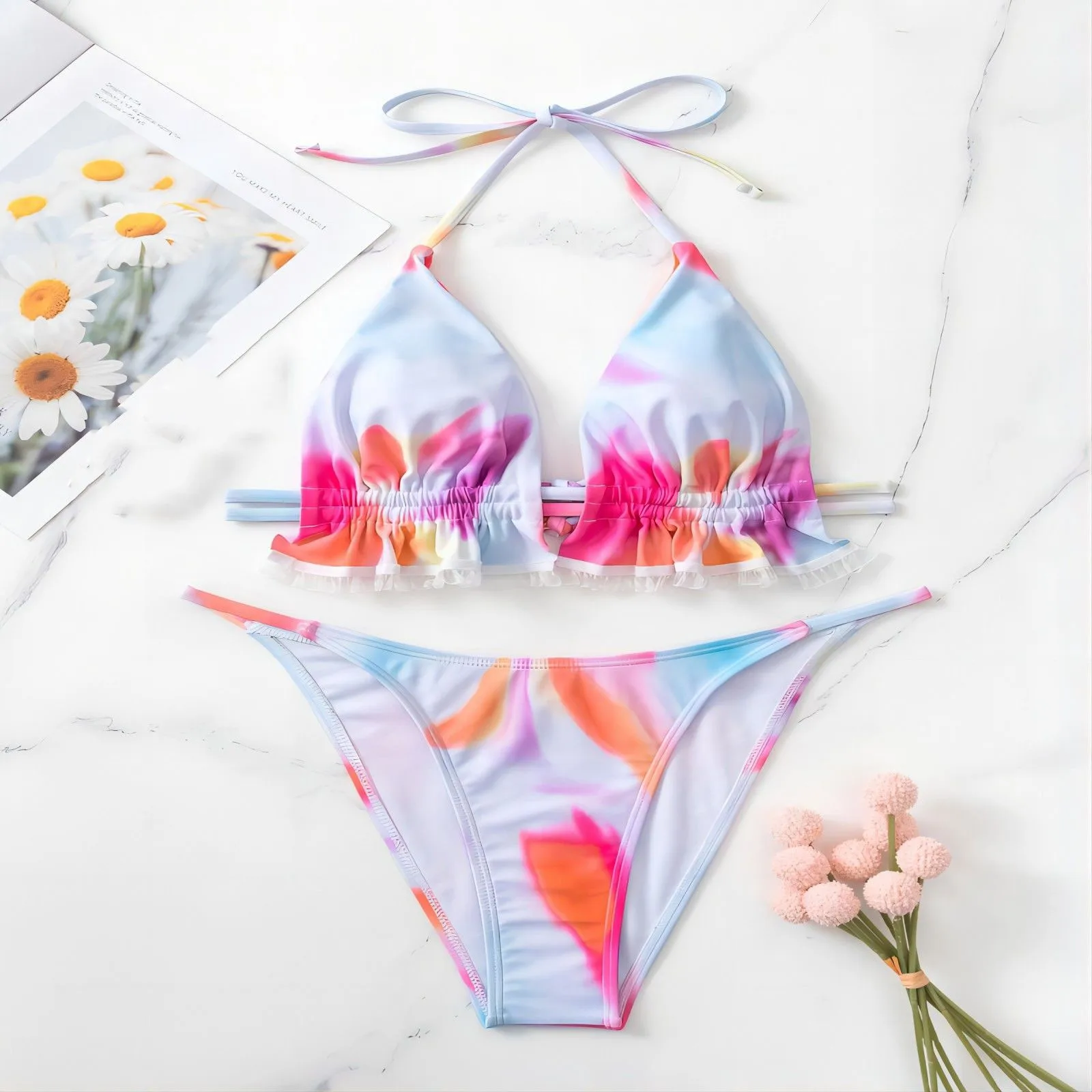 

Купальник-бикини с цветочным рисунком, Женский раздельный купальник, женский купальный костюм, стринги для плавания, бикини-бандаж