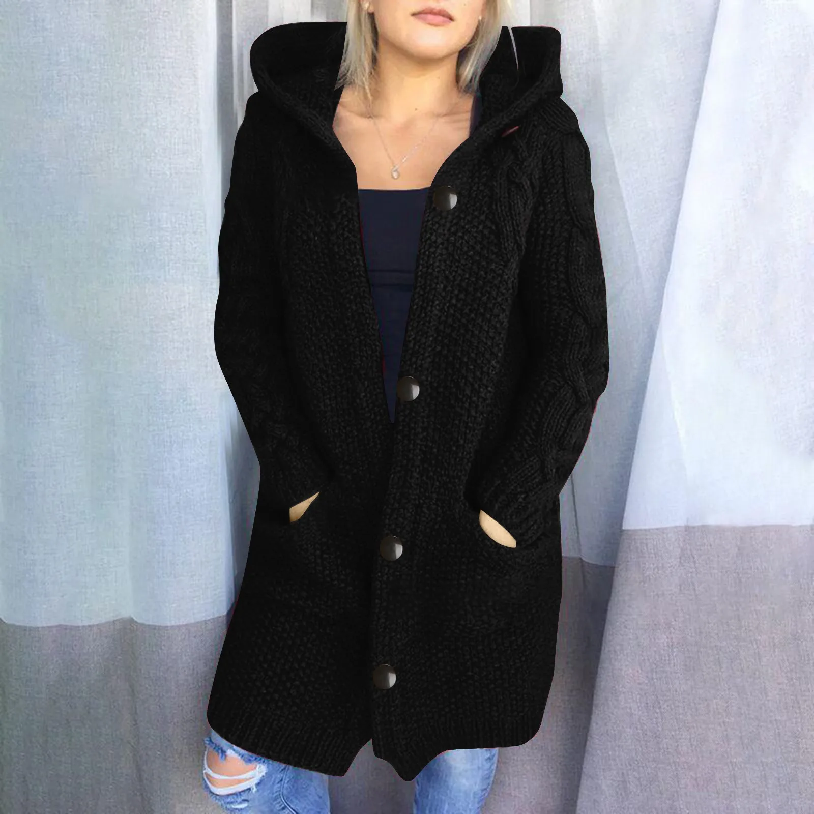 

Women's Knitted Sweater 2022 Autumn Winter Solid Color Long Sleeve Hooded overcoat Casual Ladies Cardigans Outerwear Streetwear