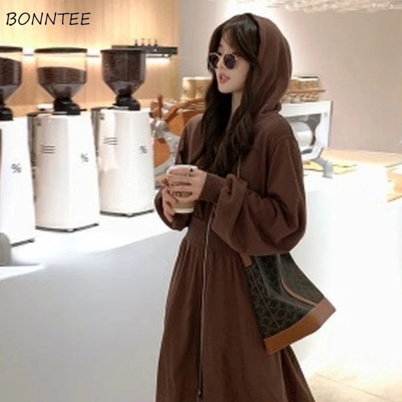 

Dresses Women A-line Winter Hooded Long Sleeves Leisure Street Wear All-match Solid Trendy New Vintage High Waist Mujer Simple