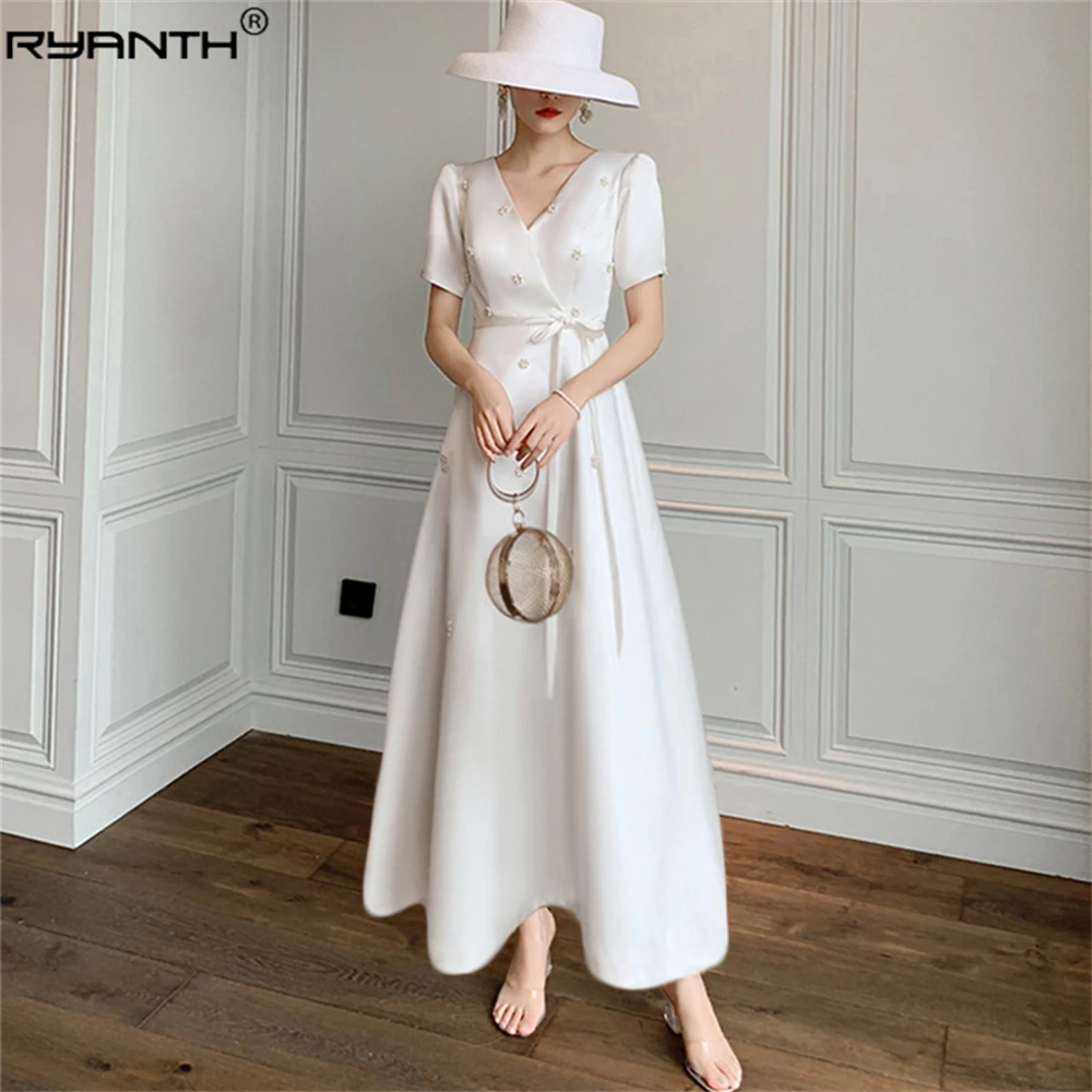 

Ryanth French V Neck Party Dress Women Beading Pearls Flower Short Sleeve White Elegant Prom Dresses Bridesmaid Vestidos
