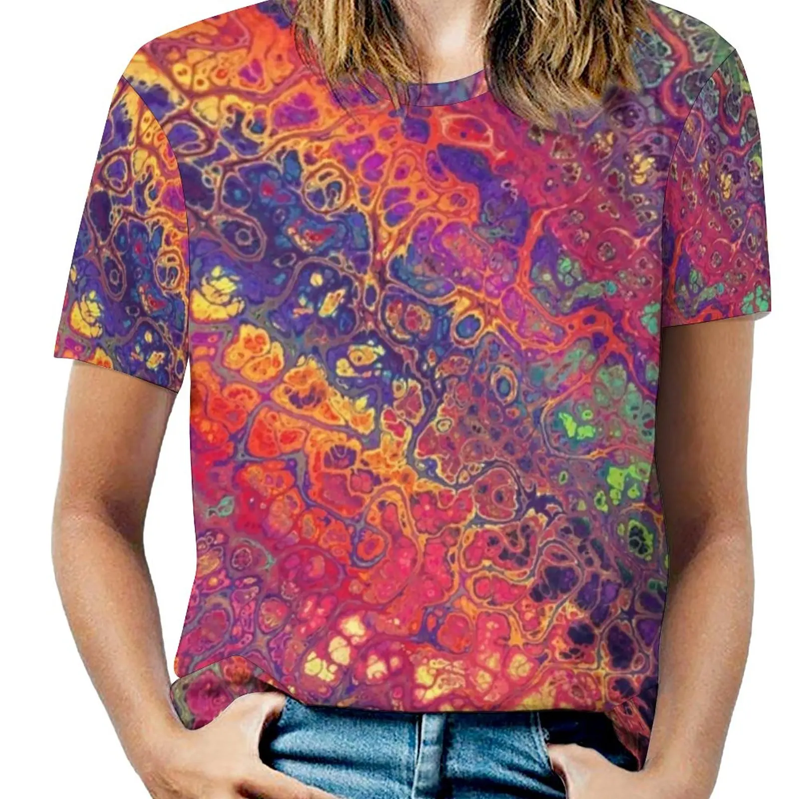 

Футболка женская Винтажная с принтом радуги, топ с коротким рукавом и принтом брызг под мрамор, классическая одежда, 4XL 5XL 6XL