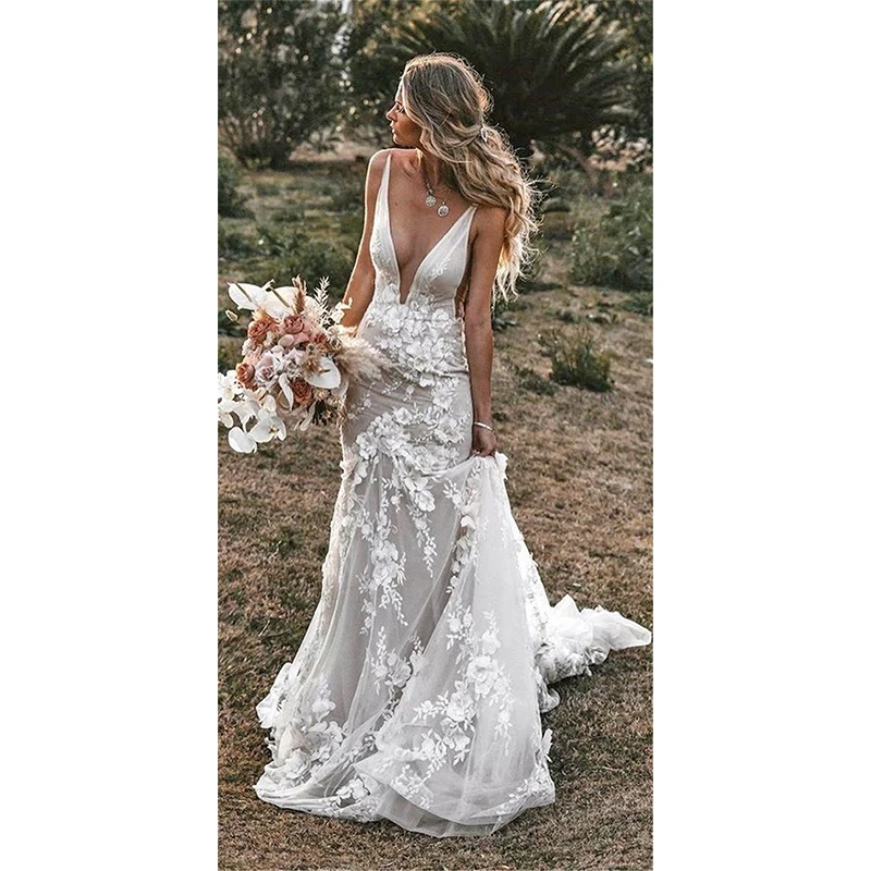 

MACDUGAL Temperament Wedding Dresses Boho 2022 Mermaid V-neck Lace Backless Tea-length Bridal Gown For Women Vestido De Noiva