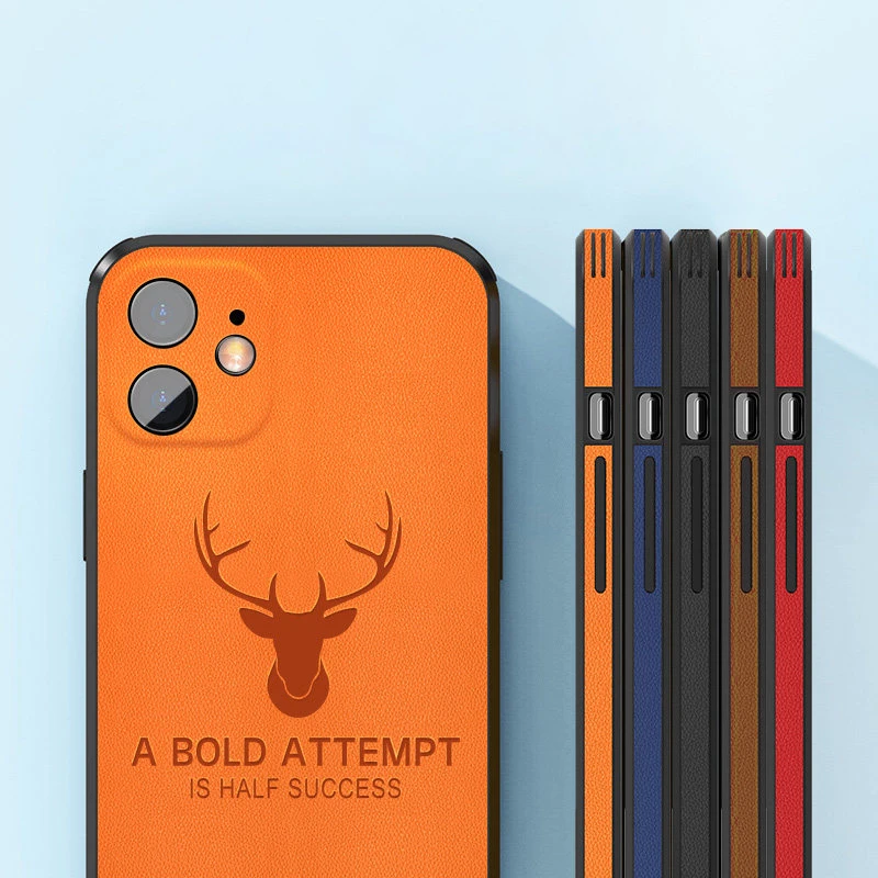 Luxury Leather Texture Case for iPhone 14 Plus 13 12 11 Pro Max Mini XR XS Deer Shockproof Square Frame Camera Protective Cover