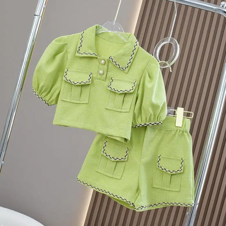 

Girls' Shorts Suit Summer Outer Wear Thin Loose Two-Piece Suit Western Style Medium and Small Children Short Sleeve