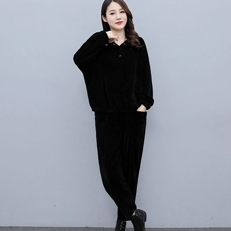 

New Women's Fashion Corduroy Suit Spring Autumn Pullover Jacket Harem Pants Two Piece Suits Female Casual Trousers Sets Tide 4XL