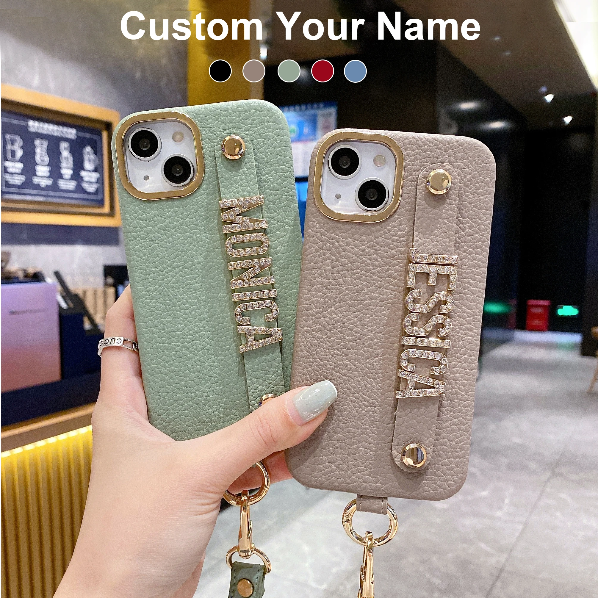 

Personalise Name Strap PU Lychee Leather Phone Case For iPhone 11 12 13 14 Pro Max Plus Lanyard Diamond Metal Letter Cover