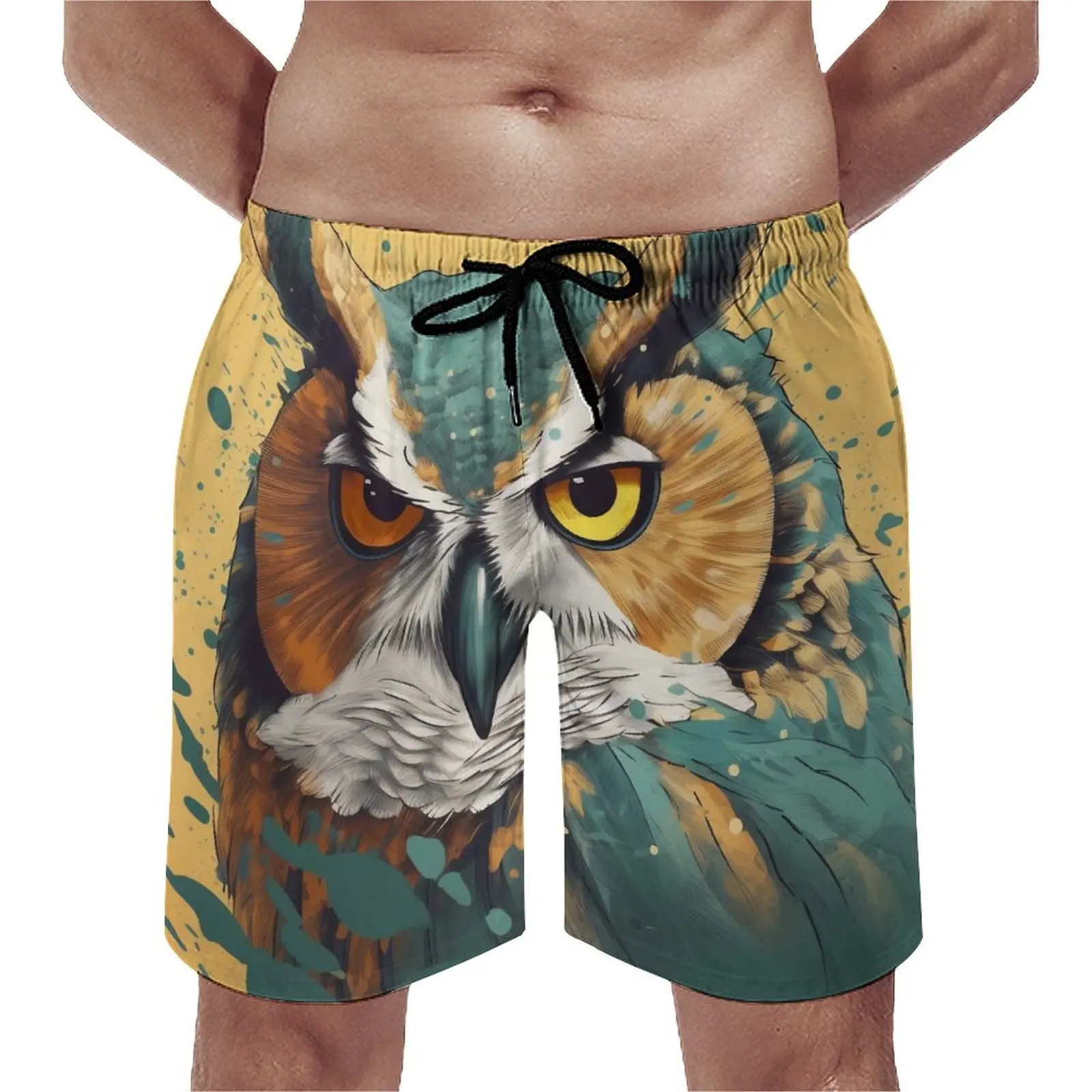 

Summer Board Shorts Owl Surfing Cartoon Gouache Pattern Beach Shorts Funny Quick Dry Swim Trunks Plus Size