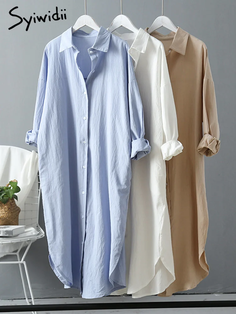 

Syiwidii Long White Shirt Dress for Women Linen Cotton 2023 Spring Summer Casual Korean Clothing Vintage Oversized Midi Robe