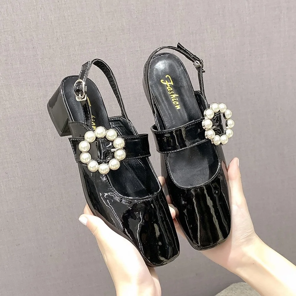 

Baotou Mary Jane Shoes Women's Sandals 2022 New Line Button Square Head Rhinestone Back Empty Thick Heel Shoes