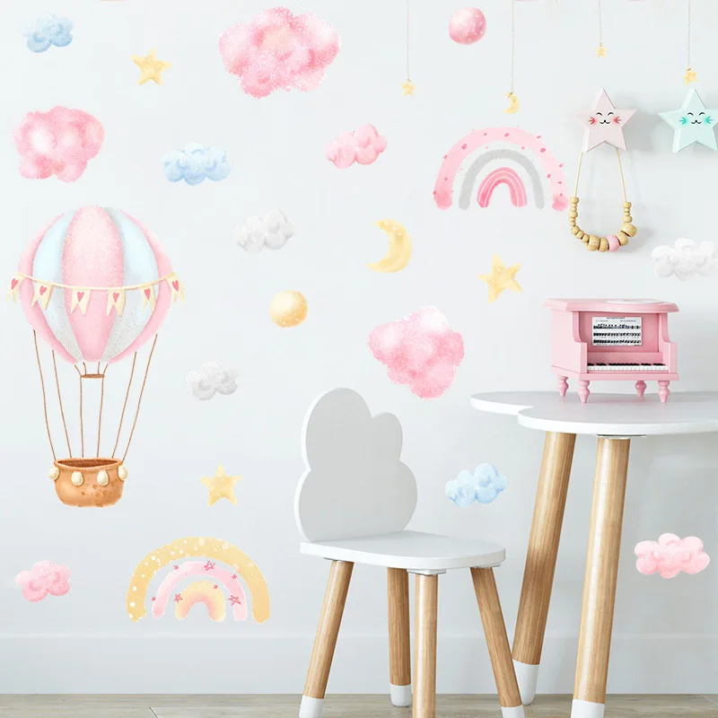 Watercolor Baby Nursery Room Wall Stickers Cute Little Girl Pink Air Balloon Rainbow Clouds kids Room Wall Decals Home Decor PVC