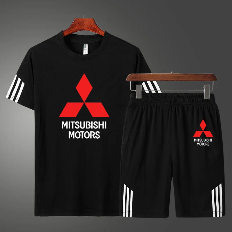 

Summer Mitsubishi Car Logo Printing Fashion Men's T-shirt Casual Cotton High Quality Men's short sleeve + shorts two-piece suit