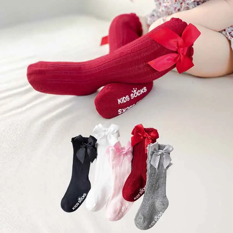 

Cotton Breathable Big Bowknot Pure Color Long Tube Stockings Non-slip Baby Socks Nice Gift 1Pair