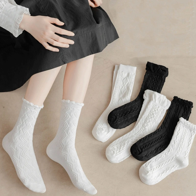 

Women Girls Cotton Crew Socks College Style Twist Knit Wavy Striped Patterned Ruffle Trim Black White Mid Tube Hosiery