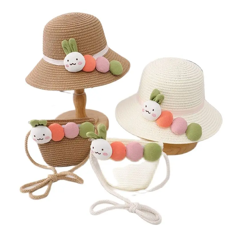 

Cute Caterpillar Straw Hat Matching Bag For Babay Girl Summer Sunhat Kids Travel Holiday Beach Cap Toddlers Bob Cap