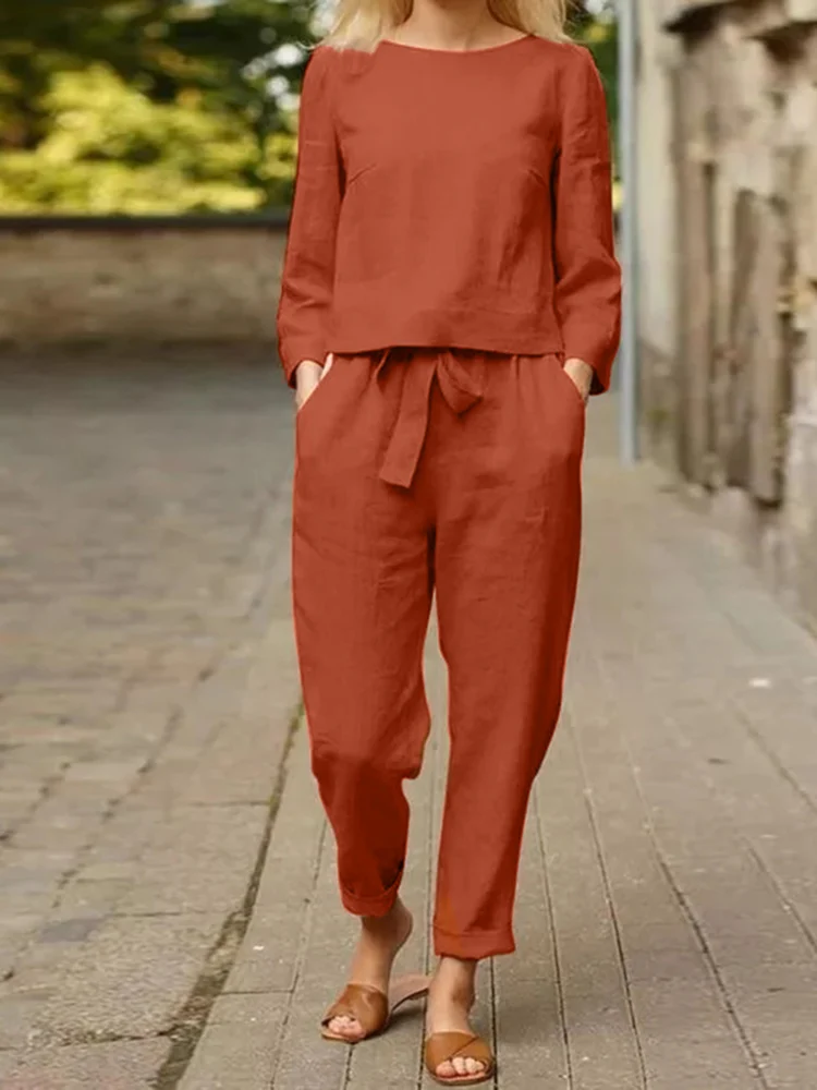 Осенний костюм ZANZEA 2024 блузка с длинным рукавом и круглым вырезом брюки-султанки