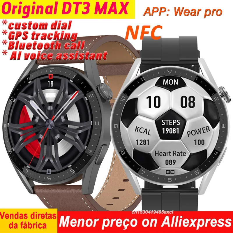 

Оригинальные мужские Смарт-часы DT3 MAX с поддержкой NFC 2022, голосовым помощником и ии, GPS-трекером, водонепроницаемые Смарт-часы с паролем IP68