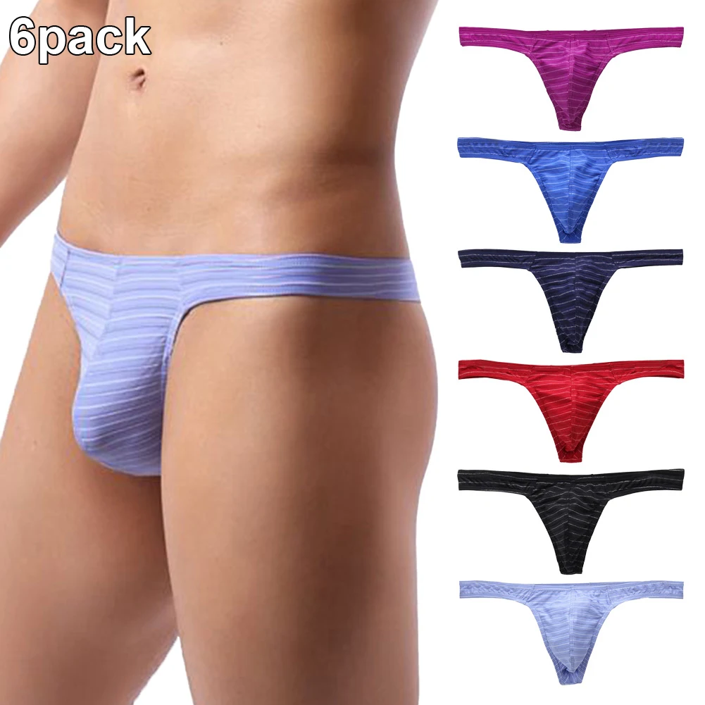 

Sexy Men Thongs Striped Bikini Underwear Bugle Pouch T-back G-strings Jockstrap Low Rise Briefs Elasticity Thin Panties 6 Pack