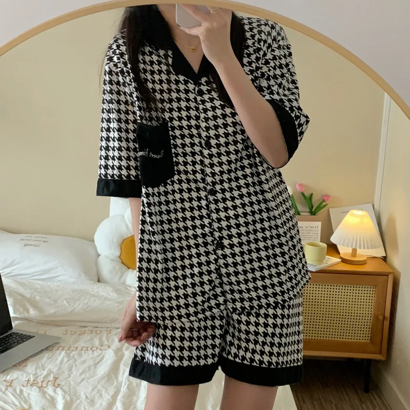 Harajuku Pajamas Set For Women Summer V Neck 2 Pieces Sleepwear Korean Style INS Casual Home Clothes Anime Girls Print Nightgown